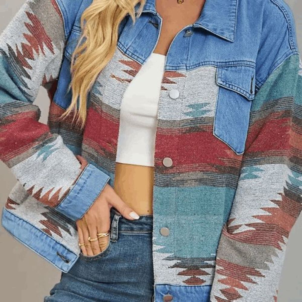 JEAN WESTERN BOHO TRIBAL COLLAR BUTTONED JACKET - M, L,  XL